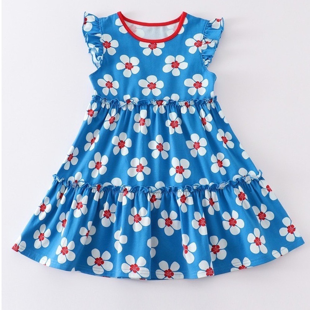 Cotton Castle Blue Floral Tiered Flutter Sleeve Dress Baby Girls Size 12M NWT